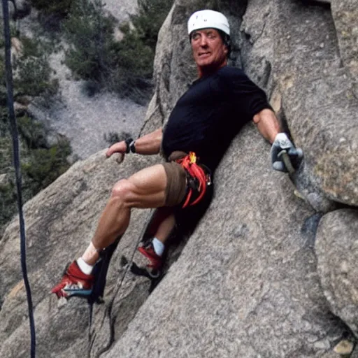 Image similar to sylvester stallone climbing a difficult rock climbing mountain