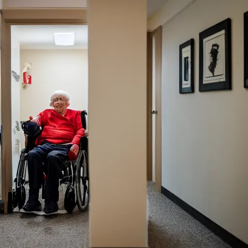 Prompt: elderly man with lightsaber in a nursing home, canon eos r 3, f / 1. 4, iso 2 0 0, 1 / 1 6 0 s, 8 k, raw, unedited, symmetrical balance, wide angle