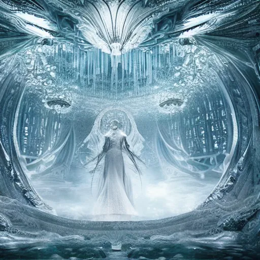 Image similar to under an white intricate like lace epic forest suspended in the air upside down, a white pool with intricate epic circles of water within floating female robots, dressed in intricate veils and jewels, and an intricate mythological underwater city, epic environment, matte painting, diffused lighting, highly detailed, cinematic, epic atmosphere, digital art, trending on artstation, wide angle