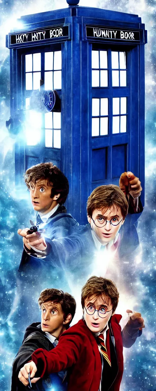 Image similar to a poster for a movie called humanity savers, showing harry potter and dr. who in front of tardis blue phone booth, vivid colors, high resolution, 8 x