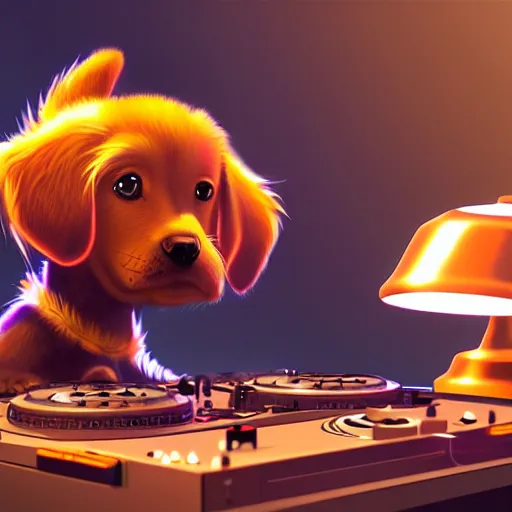 Image similar to puppy as a DJ, 8k, fantasy, intricate, cinematic lighting, highly detailed, digital painting, artstation, concept art, smooth, sharp focus, illustration, by Pixar