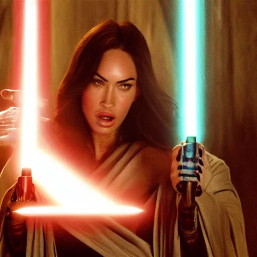 Prompt: Still of Megan Fox on the Jedi Council, Star Star Wars, Cinematic Lighting, beautiful composition, 8K resolution