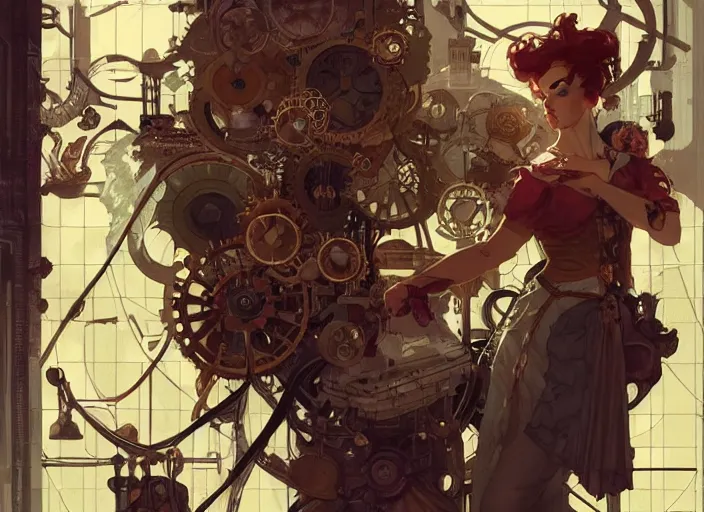 Image similar to ikea, woman model, steampunk!!! and modern, top view, rgb, backlit, elegant, highly detailed, digital painting, artstation, concept art, smooth, sharp focus, illustration, art by krenz cushart and artem demura and alphonse mucha