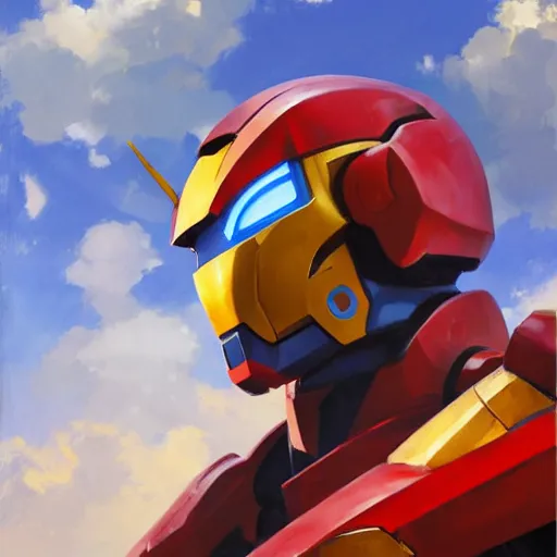 Image similar to greg manchess portrait painting of armed mega shonen gundam mecha ironman as overwatch character, medium shot, asymmetrical, profile picture, organic painting, sunny day, matte painting, bold shapes, hard edges, street art, trending on artstation, by huang guangjian and gil elvgren and sachin teng