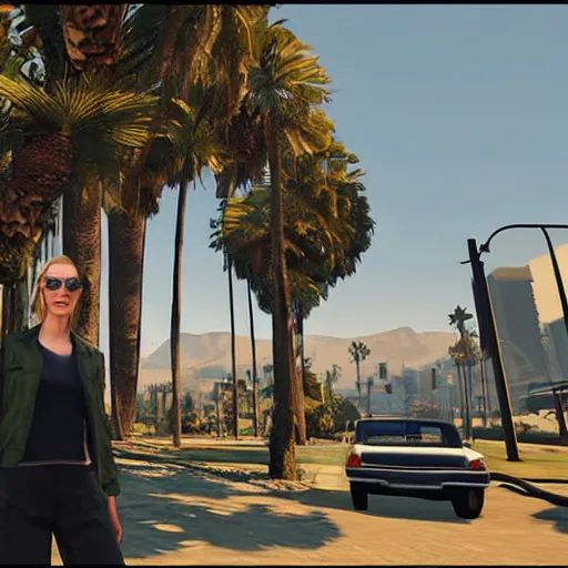 Image similar to cate blanchett in GTA v. Los Santos in the background, palm trees. In the art style of Stephen Bliss.