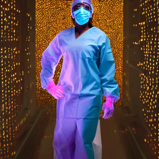 Prompt: A high resolution photograph of a surgeon standing in an operating room, surrounded by new technology and glitter, infused with lightning, very aesthetic, surgical gown and scrubs on, full length, exquisite detail, post-processing, masterpiece, cinematic, 8k, magazine cover