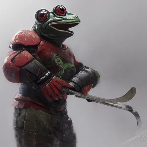 Prompt: frog wearing hockey uniform, intricate, sharp focus, illustration, highly detailed, digital painting, concept art, matte, art by ruan jia and wlop and greg rutkowski, masterpiece