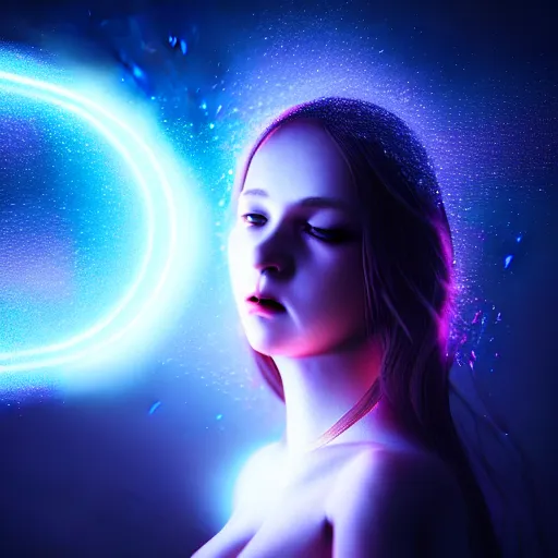 Image similar to mystical female creature with glowing energies and particals, surrounded by spirits, gloomy cinematic lighting, highly detailed, photo realistic,