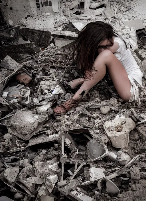 Image similar to award winning photograph of an young woman amongst rubble, sad face, dirt, dreamlike, low contrast, beatuful composition, 4k