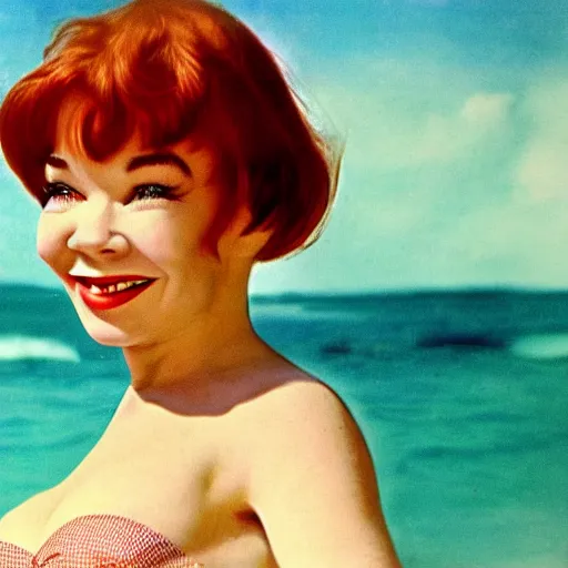 Image similar to a very beautiful Playboy Magazine illustration of cute young Shirley Maclaine in 1959, full body, short red hair, bangs haircut, green watery eyes, cute round freckled face, short smile, pale pink bikini, serene beach setting, cinematic lightning, medium shot, mid-shot, highly detailed, trending on artstation, Unreal Engine 4k, cinematic wallpaper by Rudolph Belarski, Gil Elvgren, Robert Maguire, Mort Kunstler, Andrei Riabovitchev, Marc Simonetti, and Sakimichan