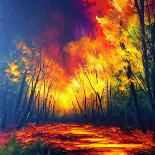 Image similar to a forest in flames with lightning in the background, oil painting, beautiful, enchanting, nature