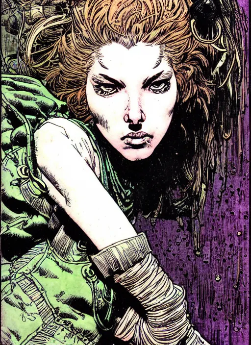 Prompt: a portrait of a pretty sewer punk young lady by barry windsor smith