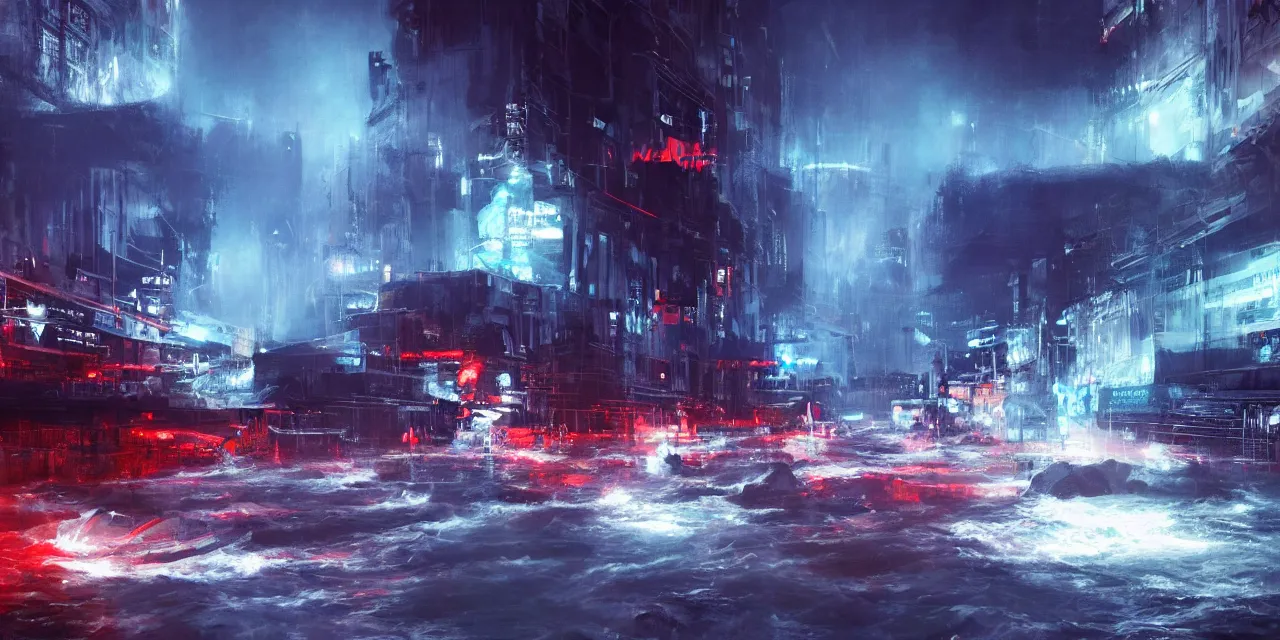 Prompt: street level view of turbulent river rapids rushing through a city at night , volumetric lighting, blue and red glowing lights, 4k, octane, digital painting, artstation, concept art, sharp focus, illustration, high contrast, high saturation , cinematic film still, by Jeremy Mann