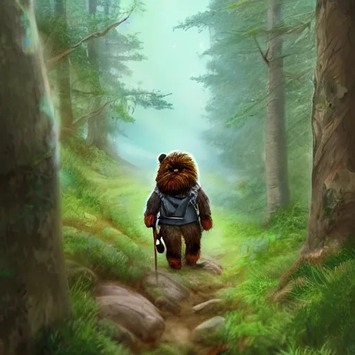 Prompt: adventurous ewok hiking up hills through the tall wooded forest, artstation, colorful