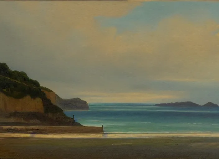 Image similar to omaha beach, normandy in the style of hudson river school of art, oil on canvas