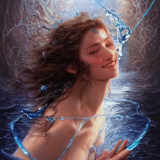 Image similar to a beautiful hangman manipulating water by karol bak, ayami kojima, artgerm, river, water, blue eyes, smile, concept art, fantasy