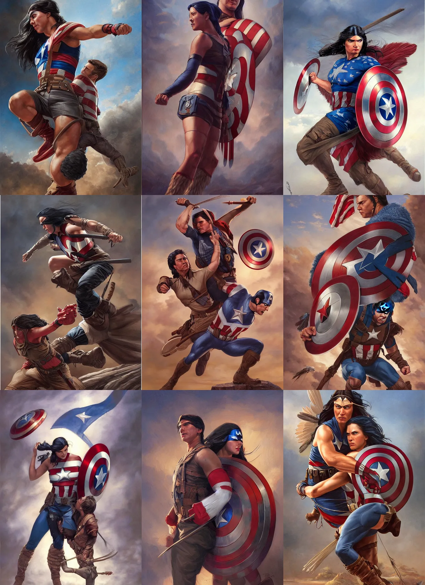 Prompt: sacagawea and captain america fight each other, native american comic book hero vs the first avenger, dramatic portrait, art by artgerm and tom bagshaw