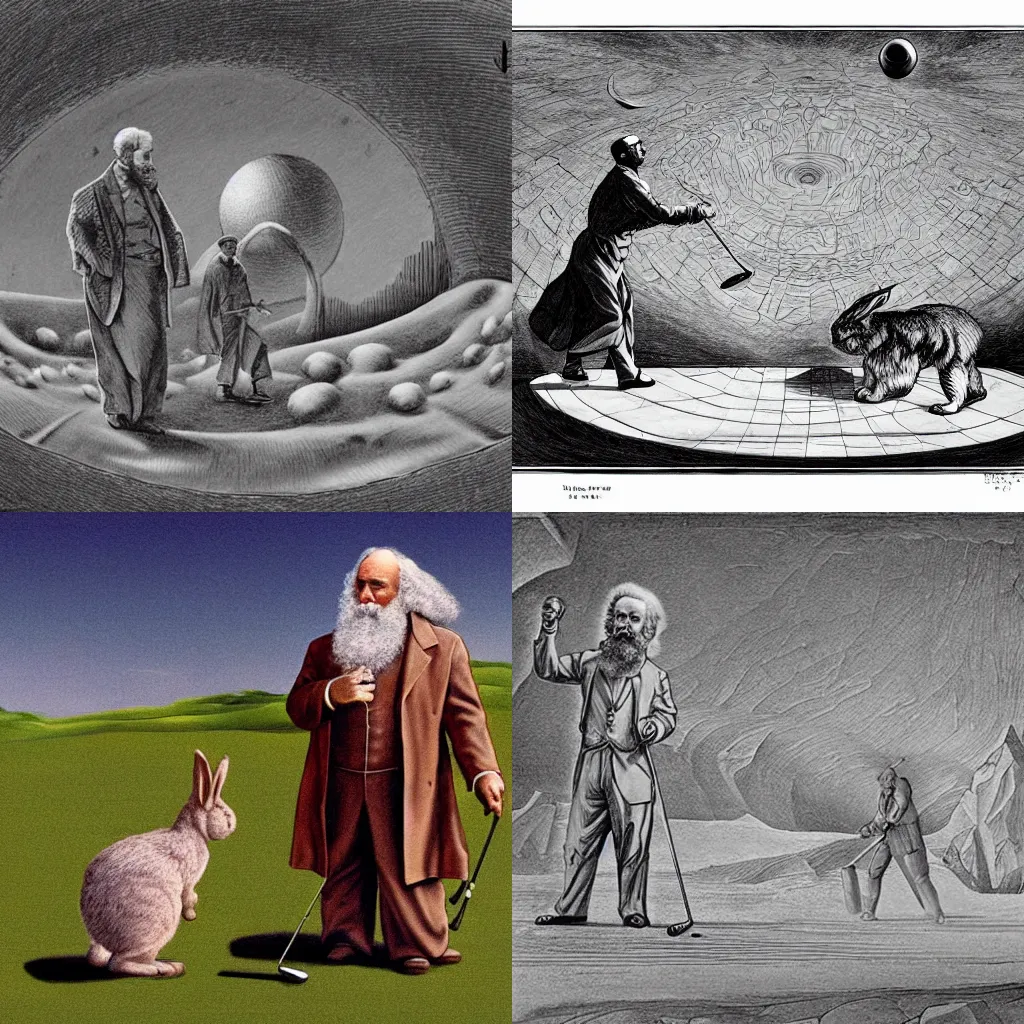 Prompt: god and karl marx playing golf on planet surface, a giant rabbit stands near, pencil, concept art, by Escher