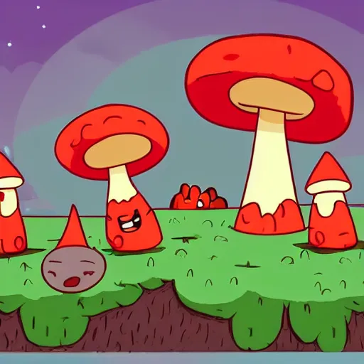 Prompt: little mushroom people with long arms dancing around a cut in half pomegranate like a campfire in the middle of a forest. in the style of an adventure time cartoon.