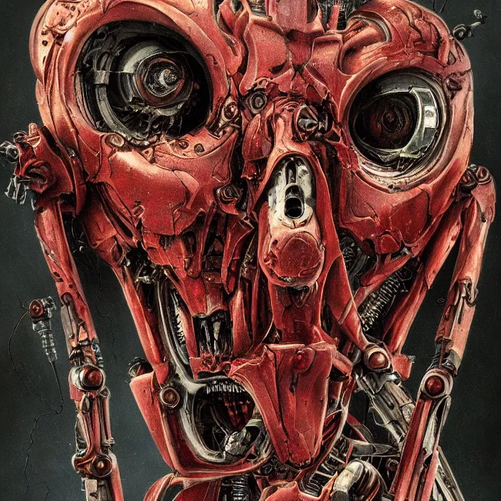 Image similar to in the art style of H.R. Giger a portrait of an evil, demented battle-damaged ruby Ultron from Age of Ultron, clockwork steampunk, head and chest only, by Beksinski, 4k, deviantart, trending on artstation, bio-chemical, bionic, fiber-optics, wires, electrical, short circuit, robocop, terminator, t-800, endoskeleton, steampunk