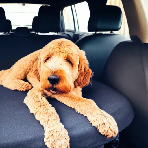 Prompt: a photo of a goldendoodle sleeping on the backseat of a car