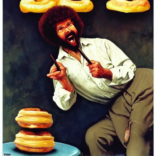 Image similar to bob ross screaming at a donut by norman rockwell