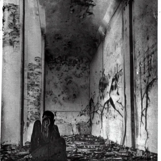 Image similar to 1830 photo of an ancient demon-girl devouring his own soul on an abandoned hospital, spooky