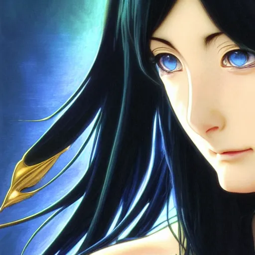 Image similar to intricately detailed vfx portrait of nico robin by eiichiro oda!, makoto shinkai, alphonse mucha, art by artgerm and greg rutkowski!, blue eyes!!, large aquiline nose!!, best of behance, concept art, matte, sharp focus, adolphe bouguereau, annie leibovitz, stanley kubrick,