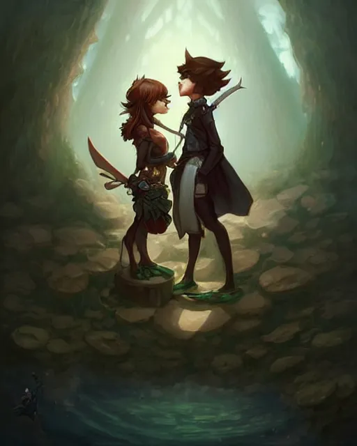 Image similar to cute little anthropomorphic akechi and makoto kissing, cute and adorable, pretty, beautiful, dnd character art portrait, matte fantasy painting, deviantart artstation, by jason felix by steve argyle by tyler jacobson by peter mohrbacher