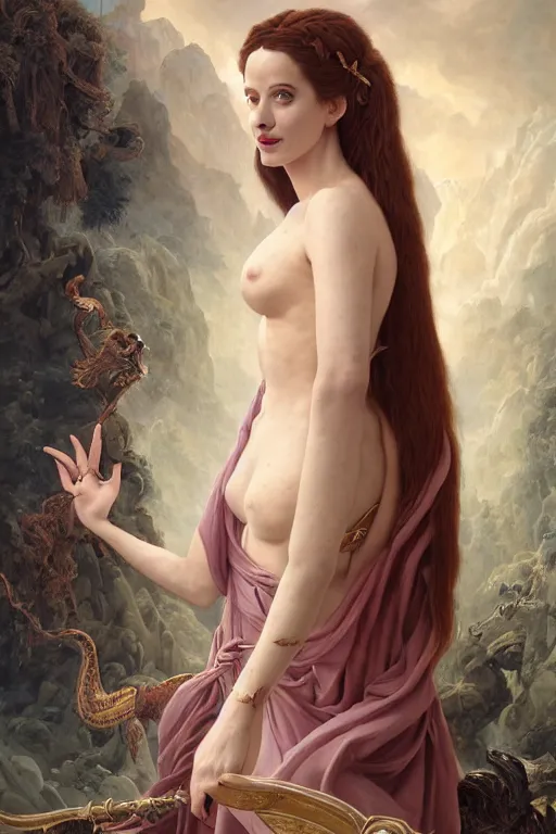 Image similar to A fantasy book style portrait painting of a hybrid, Eva Green, Anya_Taylor-Joy, Cory Chase, as a Mystical Valkyrie, Anubis-Reptilian, Atlantean Warrior, François Boucher, Oil Painting, unreal 5, DAZ, hyperrealistic, octane render, Regal, Refined, Detailed Digital Art, RPG portrait, William-Adolphe Bouguereau, Michael Cheval, Walt Disney (1937), Steampunk, Volumetric Golden dappled dynamic lighting, Highly Detailed, Cinematic Lighting, Unreal Engine, 8k, HD