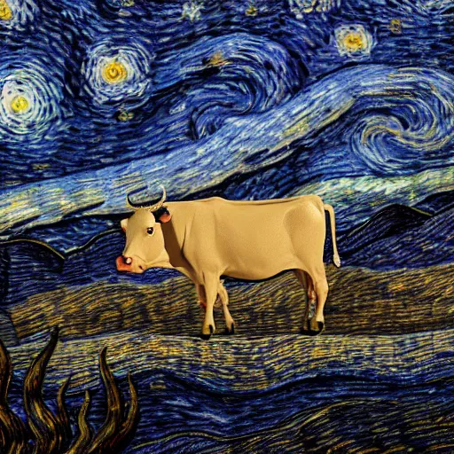 Image similar to a detailed matte painting of a cow wearing a witch hat, viewed in profile, glowing moths and fog in the background, starry night, black and blue color scheme with gold highlights, in the style of discworld and harry potter, 8 k