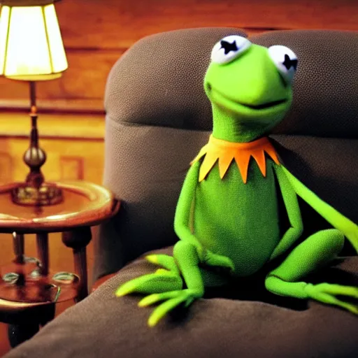 Image similar to candid photo of kermit the frog sitting on the couch hitting a bong, kermit the frog in ted ( 2 0 1 2 ) bong scene, kermit the frog, high resolution photo, trending on artstation, interior design,