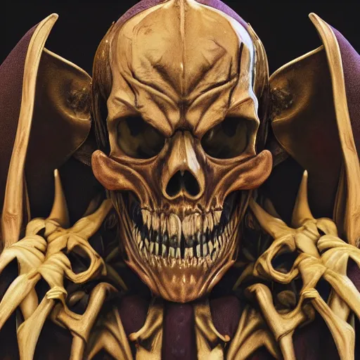 Image similar to photorealistic still portrait photograph of real - life ainz looking at the camera, overlord, regal purple gold robe, depth of field, soft focus, highly detailed, intricate, realistic, national geographic cover, textured detailed skeleton, professional archeological photograph