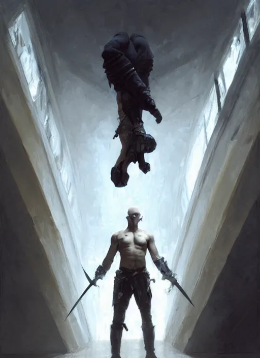 Image similar to a young man with wide, intense eyes, standing upside down on the ceiling of a hallway. he is bald and clean shaven, dressed entirely in white and holding a huge sword. painting by greg rutkowski and raymond swanland