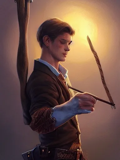 Image similar to a handsome young man holding a wood adorned cane. intricate, elegant, highly detailed, digital painting, artstation, concept art, sharp focus, illustration, by justin gerard and artgerm, 8 k