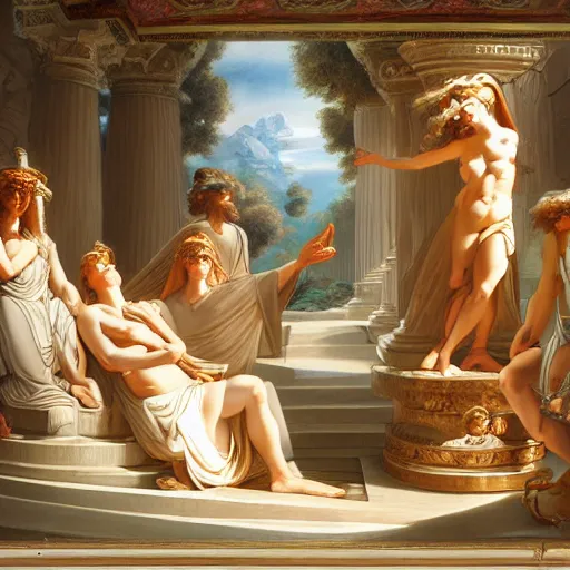 Image similar to Homeric mesmerizing inner sanctum of the most venerable and beautiful truth, in the style of Jeff Easley, Antonio Canova, Ken Kelly, Élisabeth Vigée Le Brun, dramatic lighting, establishing shot, detailed and clear beautiful aesthetic realistic faces, 8k resolution – W 1024