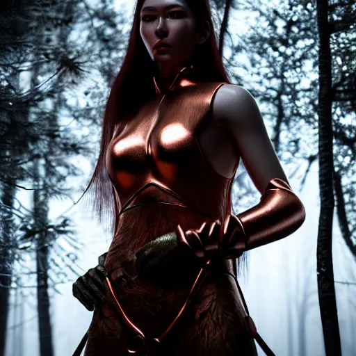 Prompt: highly detailed, ultra realistic, cinematic, woman full body with a copper nose and copper claws, high detail, 8 k, sharp focus, movie still, dramatic lighting, ray tracing, smooth, a female evil demonic character of kazakh mythology, jeztyrnak, standing in the night forrest