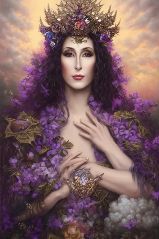 Image similar to closeup portrait fine art photo of the beauty cher, she has a crown of stunning flowers and dress of purple satin and gemstones, background full of stormy clouds, by peter mohrbacher