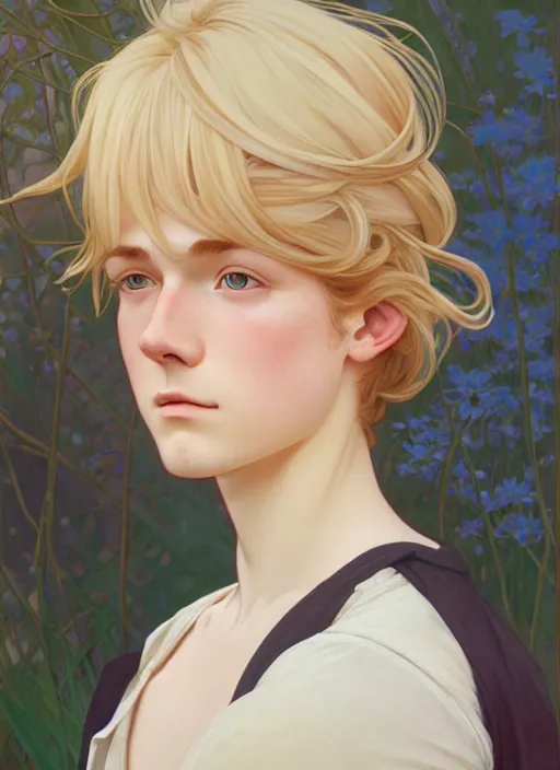 Image similar to pretty young man with shoulder length blond hair, half body shot, path traced, highly detailed, high quality, digital painting, by studio ghibli and alphonse mucha, leesha hannigan, hidari, disney, jules bastien - lepage, art nouveau, martine johanna, android jones, andreas rocha, conrad roset