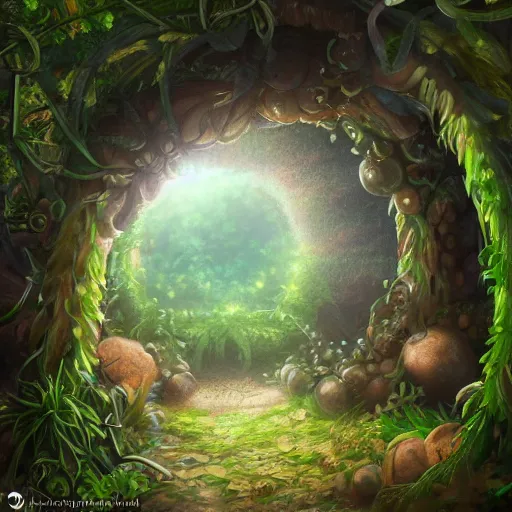 Image similar to a portal in a mysterious garden filled with spherical plants, trending on art station