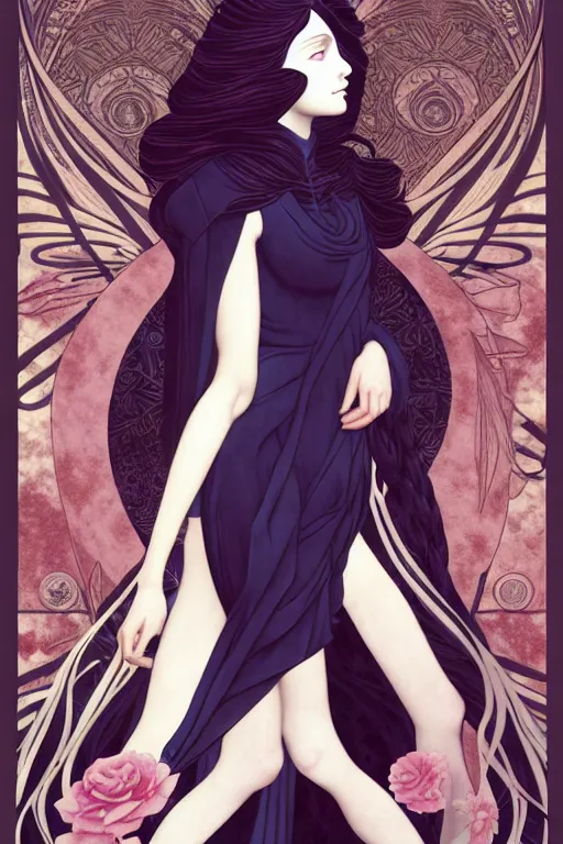 Image similar to a triad of winter muses, style blending æon flux, shepard fairey, botticelli, ivan bilibin, and john singer sargent, inspired by pre - raphaelites, shoujo manga, and harajuku fashion, stark landscape, muted dark colors, superfine inklines, ethereal, otherworldly, 4 k photorealistic, arnold render