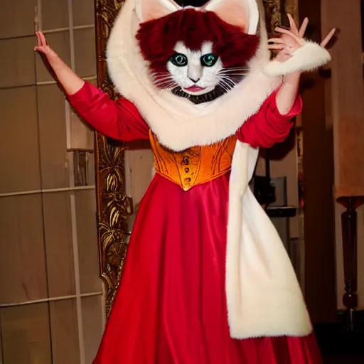 Prompt: a woman cosplaying puss in boots in an opera gown