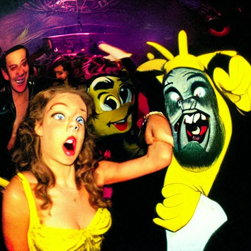 Image similar to Disney's real life characters of The Beauty and the Beast rocking hard on an Acid House track at a small rave party, shot with a disposable camera with flash