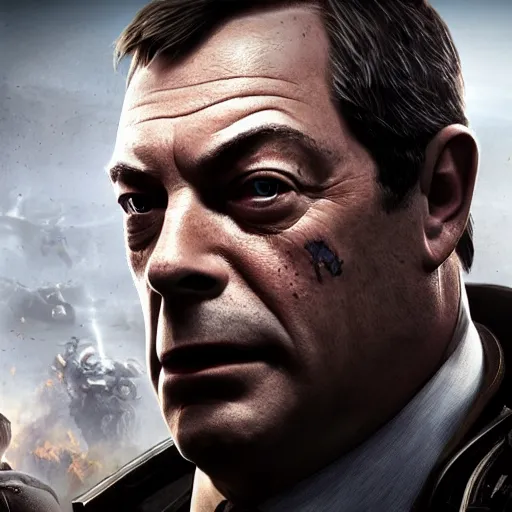 Prompt: Portrait of Nigel Farage in Gears of War, splash art, movie still, cinematic lighting, dramatic, octane render, long lens, shallow depth of field, bokeh, anamorphic lens flare, 8k, hyper detailed, 35mm film grain