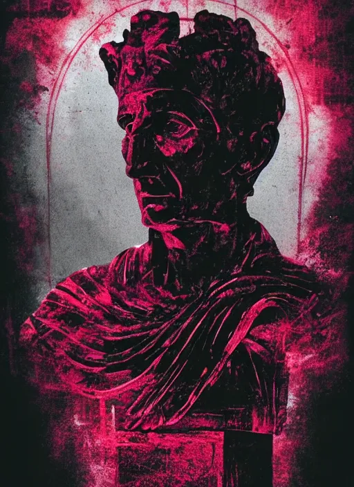 Prompt: elegant dark design poster showing a statue of julius caesar, black background with very subtle red and purple design elements, powerful, nekro, vito acconci, thin straight purple lines, dark, glitch art, neo vaporwave, gritty, layout frame, square, trending on artstation