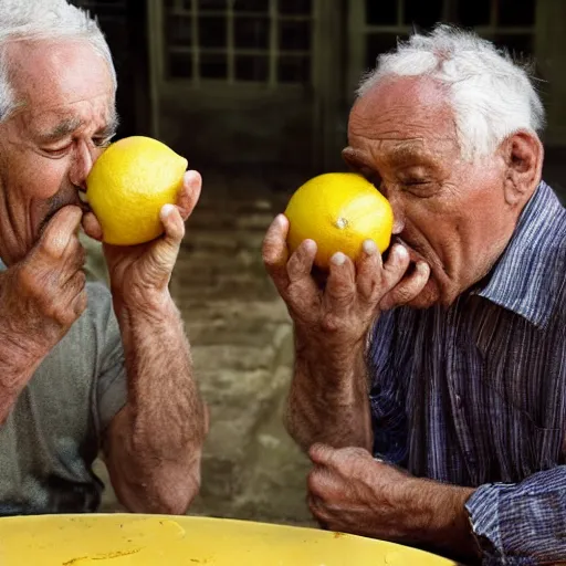 Image similar to old men eating lemon very detailed photo award winning, realistic real life style