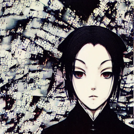 Image similar to Yoshitaka Amano realistic illustration of an anime girl with short white hair and black eyes wearing tuxedo, abstract black and white patterns on the background, noisy film grain effect, highly detailed, Renaissance oil painting, old tv glitch effect