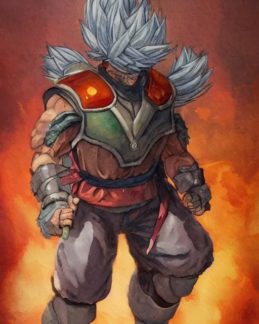 Image similar to a oil / watercolor painting full body character portrait of an old saiyan mercenary in armor in the style of moebius in the style of leonard boyarsky trending on artstation deviantart pinterest detailed photorealistic highlights and shadow hd 8 k post - processing high resolution