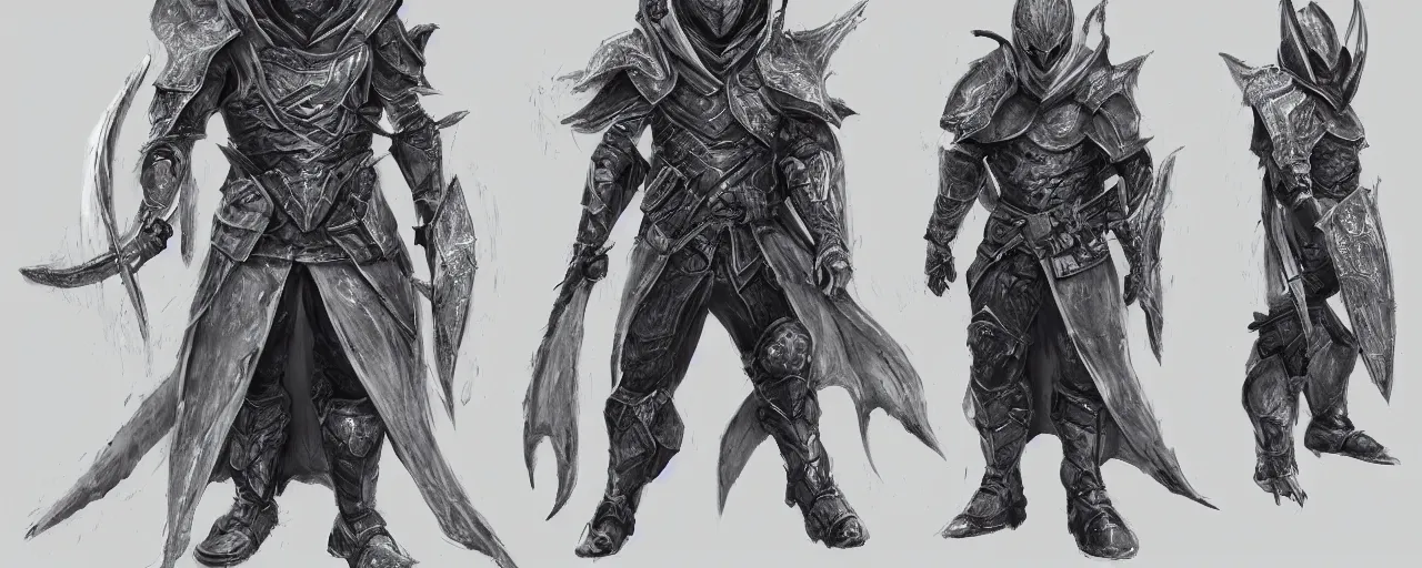 Image similar to A character sheet of a dragon hunter in full grey scales armor and hood that hides his face with masks hanging from his belt, concept art, anime, Highly Detailed.