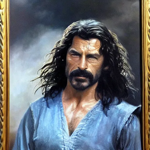 Prompt: ultra realistic portrait painting of tom selleck as aragorn, art by frank frazetta, 4 k, ultra realistic, highly detailed, epic lighting